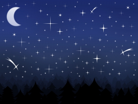 Silhouette of a forest and night sky with stars and moonのイラスト素材