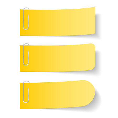 Three yellow paper notes with clips on white backgroundのイラスト素材