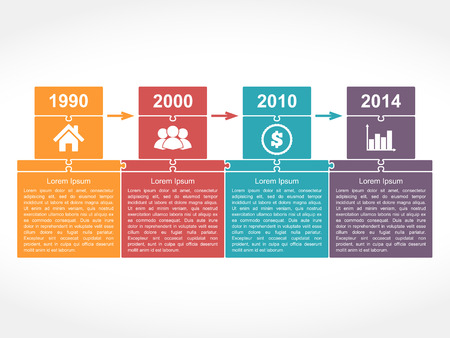 Infographics timeline design template with place for dates, icons and text, puzzle style, vector illustrationのイラスト素材