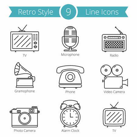 Set of 9 line icons of retro style objects - tv, microphone, radio, ramophone, phone, video and photo camera, alarm clockのイラスト素材