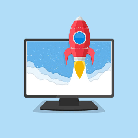 Computer monitor with a rocket flying out of the screen, startup business or project conceptのイラスト素材