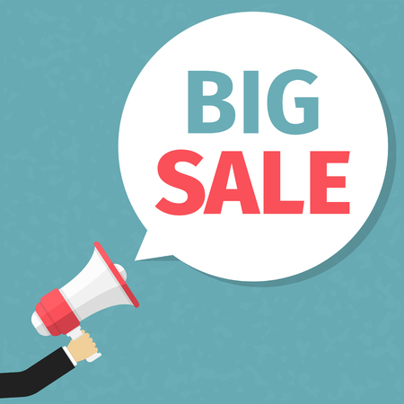 Big sale announcement, hand holding megaphone and specch bubble announcing big saleのイラスト素材