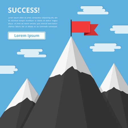Mountains with flag on background of blue sky with clouds, success or mission conceptのイラスト素材