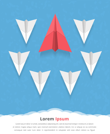 Big red paper airplane as a leader among white airplanes, leadership, teamwork, motivation, stand out of the crowd conceptのイラスト素材