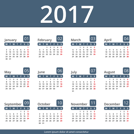 2017 Calendar, week starts on Mondayのイラスト素材