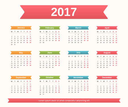 2017 Calendar, week starts on Mondayのイラスト素材