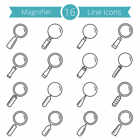 Set of 16 magnifying glass line icons, zoom icons setのイラスト素材