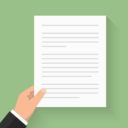 Hand holding white paper with text - document, contract, agreement, newspaper, etc, flat designのイラスト素材