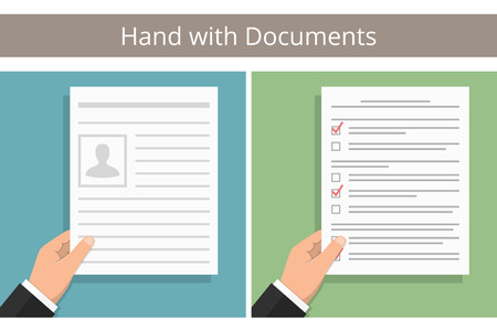 Hand holding white paper with text - document, contract, agreement, newspaper, etc, and hand with test or surveyのイラスト素材