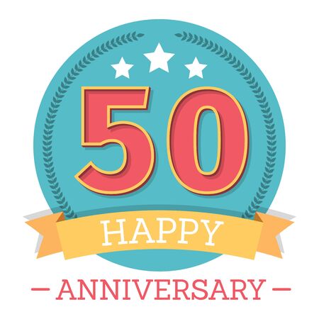 50 Years anniversary emblem with ribbon, stars and laurel wreath, vector eps10 illustrationのイラスト素材