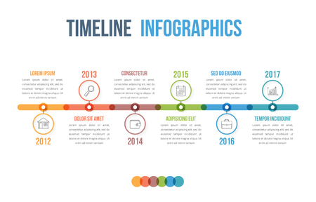 Horizontal timeline infographics template with colorful circles, workflow or process diagram, vector eps10 illustrationのイラスト素材