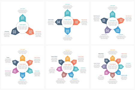 Circle infographic templates with 3, 4, 5, 6, 7 and 8 elements, steps or options, workflow or process diagram, data vizualization, vector eps10 illustrationのイラスト素材