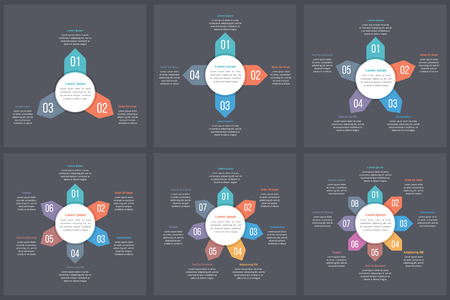 Circle infographic templates with 3, 4, 5, 6, 7 and 8 elements, steps or options, workflow or process diagram, data vizualization, vector eps10 illustrationのイラスト素材