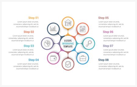 Circle infographics template with eight elements, can be used as process diagram, steps, options, vector eps10 illustrationのイラスト素材