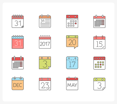 Set of 16 colored calendar line icons.のイラスト素材