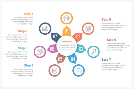 Circle infographics template with seven elements, can be used as process diagram, steps, options, vector eps10 illustrationのイラスト素材