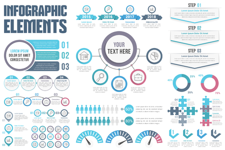 Infographic elements - process, steps, options, workflow, timeline, circle diagram, timeilne, human infographics, pie charts, puzzle infographics, vector eps10 illustrationのイラスト素材