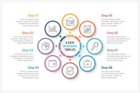 Circle infographics template with eight elements, can be used as process diagram, steps, options, vector eps10 illustrationのイラスト素材