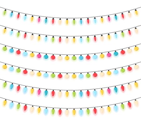 Set of different Christmas lights on white background, vector illustration.のイラスト素材