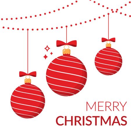 Hanging red Christmas balls merry Christmas greeting card, flat style.のイラスト素材