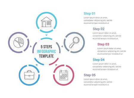 Circle infographics template with five elements, process diagram, steps, optionsのイラスト素材