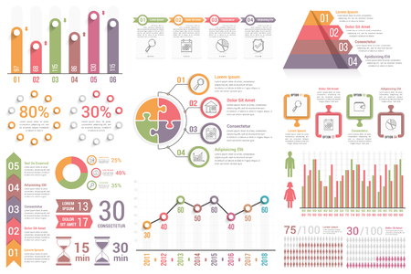Infographic elements - bar and line graphs, process, steps, options, people infographics, pyramid, percentsのイラスト素材
