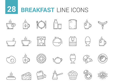 28 Breakfast line icons, morning food and drinks iconsのイラスト素材