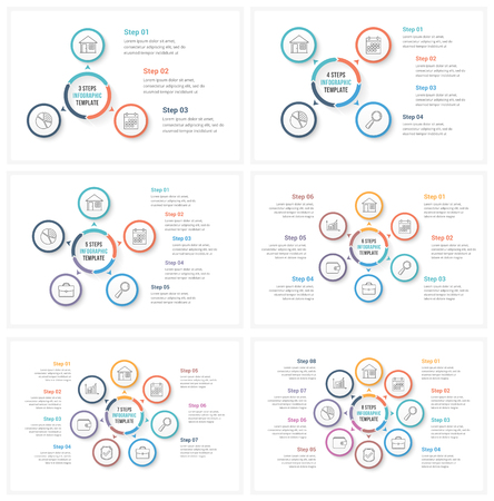 Circle infographic templates with 3, 4, 5, 6, 7 and 8 elements, steps or options, workflow or process diagramのイラスト素材