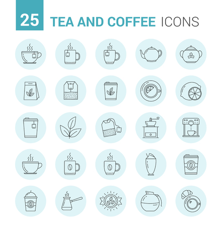 25 Tea and coffee line icons in circlesのイラスト素材