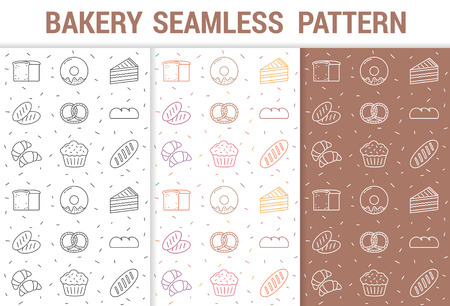 3 Seamless patterns for bakery with line icons, vector eps10 illustrationのイラスト素材