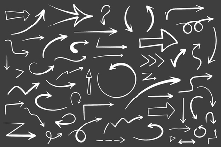 55 Hand drawn white arrows on black background, doodle arrowsのイラスト素材