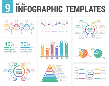 9 info-graphic templates set, colors. Timeline, bar and line charts, pyramid, pie chart, percents, steps/options, circle diagram.のイラスト素材