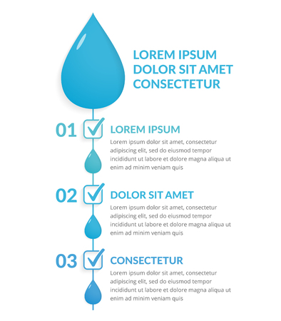 Infographic template with three steps with water drops and check marks, water infographicsのイラスト素材