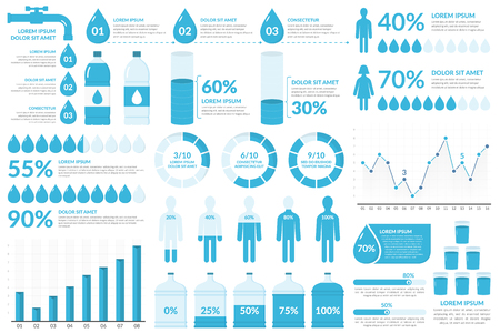Water infographic elements - drops, bottles, people, graphs, percents,vector illustrationのイラスト素材