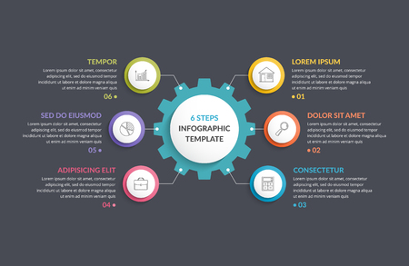 Infographic template with gear with six elements, steps or options, vector eps10 illustrationのイラスト素材