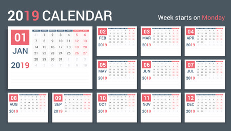 2019 Calendar template, planner, 12 pages, week starts on Mondayのイラスト素材
