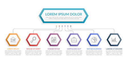 Infographic template with hexagons with main idea and 6 steps or options, workflow, process chart, vector eps10 illustrationのイラスト素材