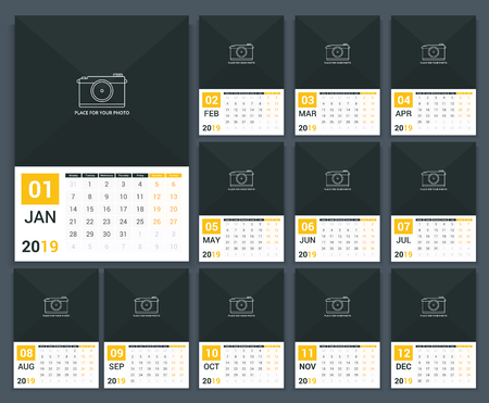 2019 Calendar template, week starts on Monday, a3 size, place for your photo, vector eps10 illustrationのイラスト素材