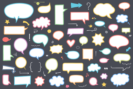 Collection of colored hand drawn speech bubbles, arrows and other design elements, vector eps10 illustrationのイラスト素材