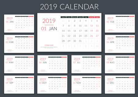 2019 Calendar template, planner, 12 pages, week starts on Mondayのイラスト素材