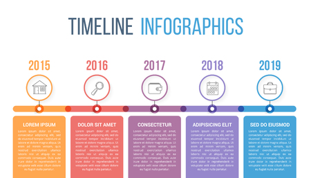Horizontal timeline infographics template with colorful circles, workflow or process diagramのイラスト素材