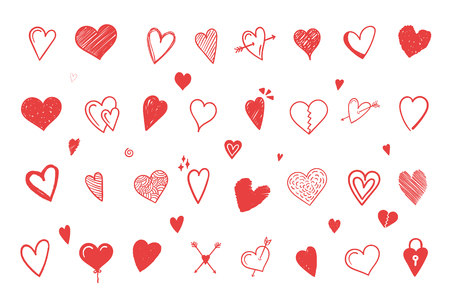 Set of red hand drawn hearts, design elements for Valentine's day, wedding and other events, vector eps10 illustrationのイラスト素材