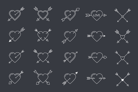 Hearts with arrows for Valentine's day or wedding design, 20 line icons, vector eps10 illustrationのイラスト素材