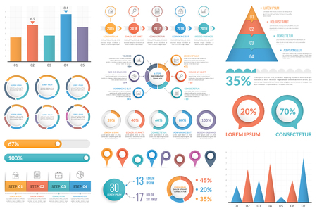 Set of infographic elements - bar chart, pyramid chart, circle diagram, timeline, steps and options, vector eps10 illustrationのイラスト素材
