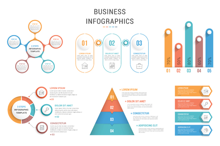Six infographic templates for web, business, presentations - process charts, circle diagrams, pyramid, bar graph, vector eps10 illustrationのイラスト素材