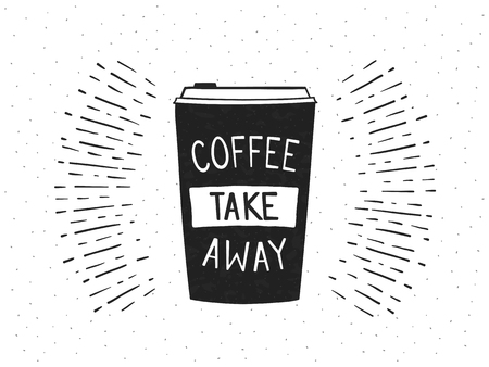 Hand drawn take away coffee cup on retro background with sunburst, vector eps10 illustrationのイラスト素材