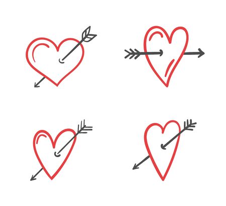 Hand drawn red hearts with arrows for Valentine's day or wedding design, 20 line iconsのイラスト素材