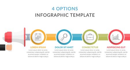 Infographic template with megaphone with 4 elements, options or steps, process, workflow concept for web, business, presentations, vector eps10 illustrationのイラスト素材