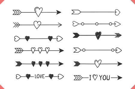 12 Hand drawn arrows with hearts, design elements for Valentine's day and wedding, vector eps10 illustrationのイラスト素材