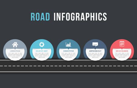 Road infographics with five circles with place for your icons and text, vector eps10 illustrationのイラスト素材